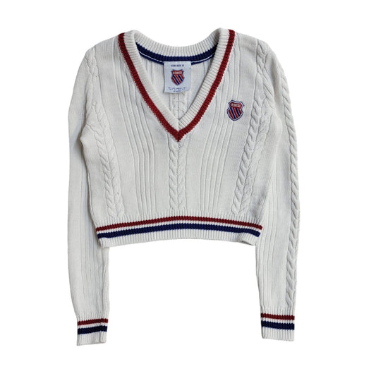 Forever 21 Vintage Y2K White V-Neck Jumper UK Women's Size Small