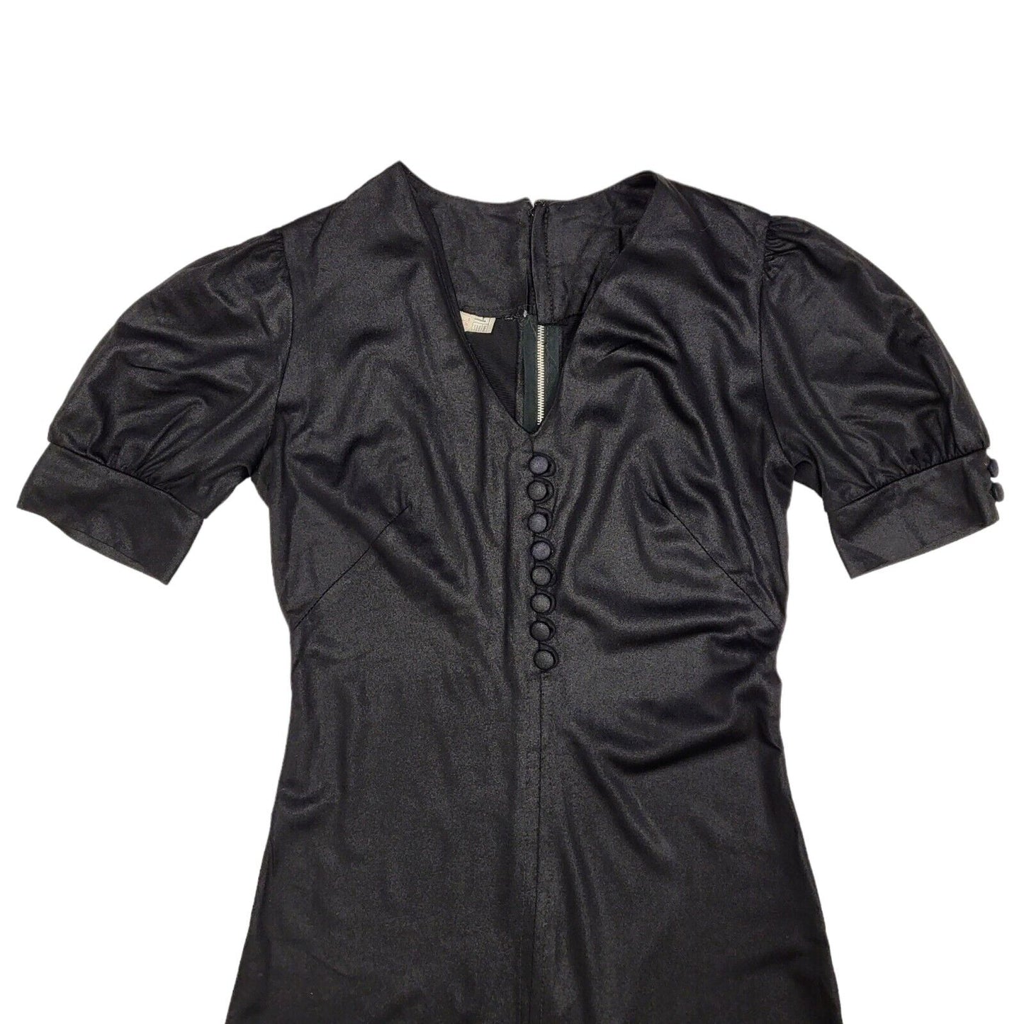 70s Vintage Black V-Neck Button Front Split Maxi Dress Women's Size 8