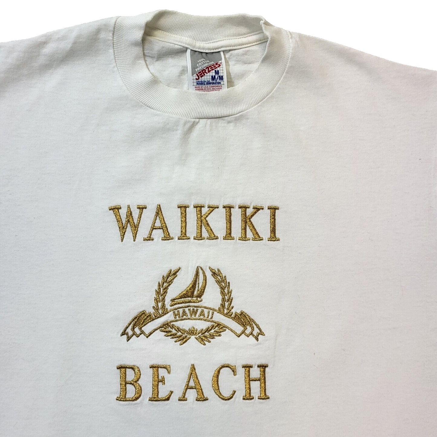 Jerzees 90s Vintage Waikiki Beach White Crew Neck T-Shirt Men's Size M