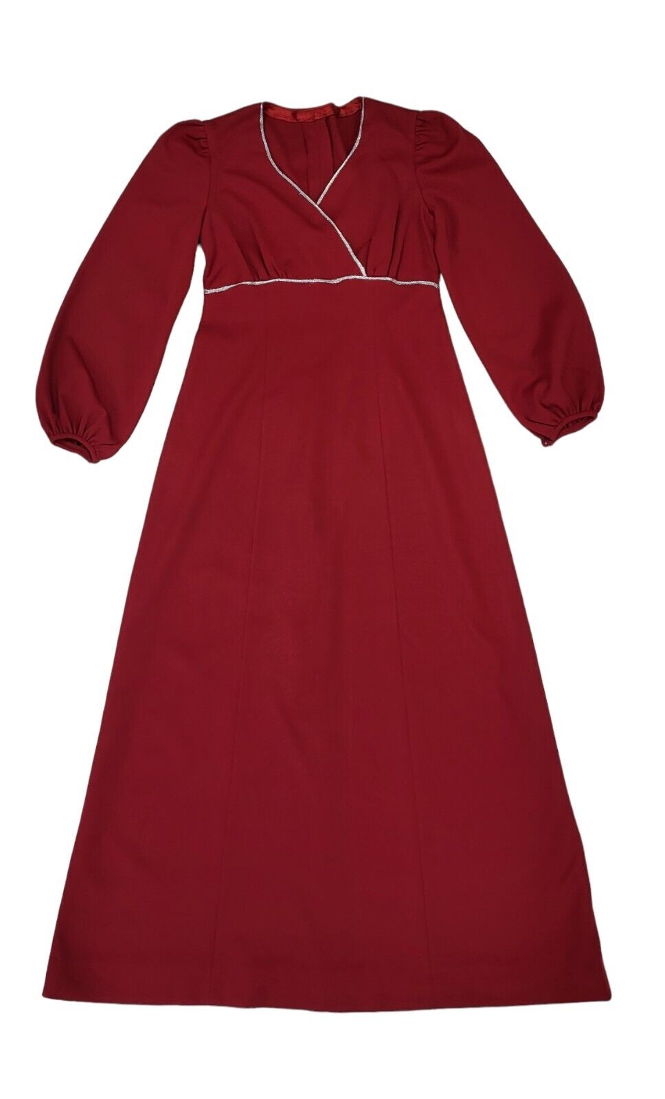 70s Vintage Red Silver Trim Long Sleeve Maxi Dress Women's Size 12