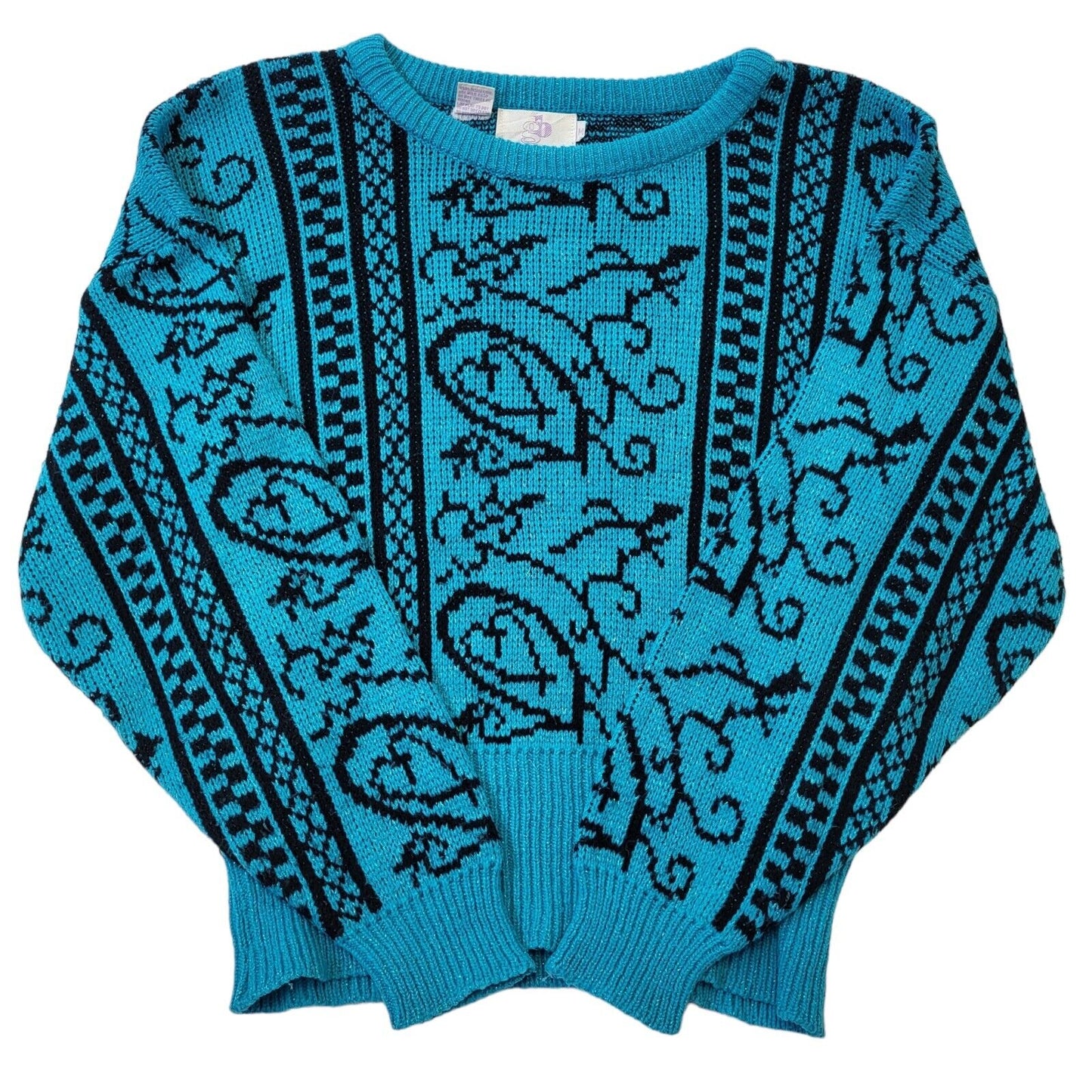GB 80s Vintage Blue & Black Sparkle Retro Round Neck Jumper Women's Medium.