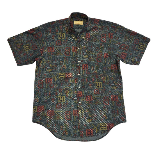 Golden So-End Vintage 80's Green & Red Retro Short Sleeve Shirt Mens UK Size L