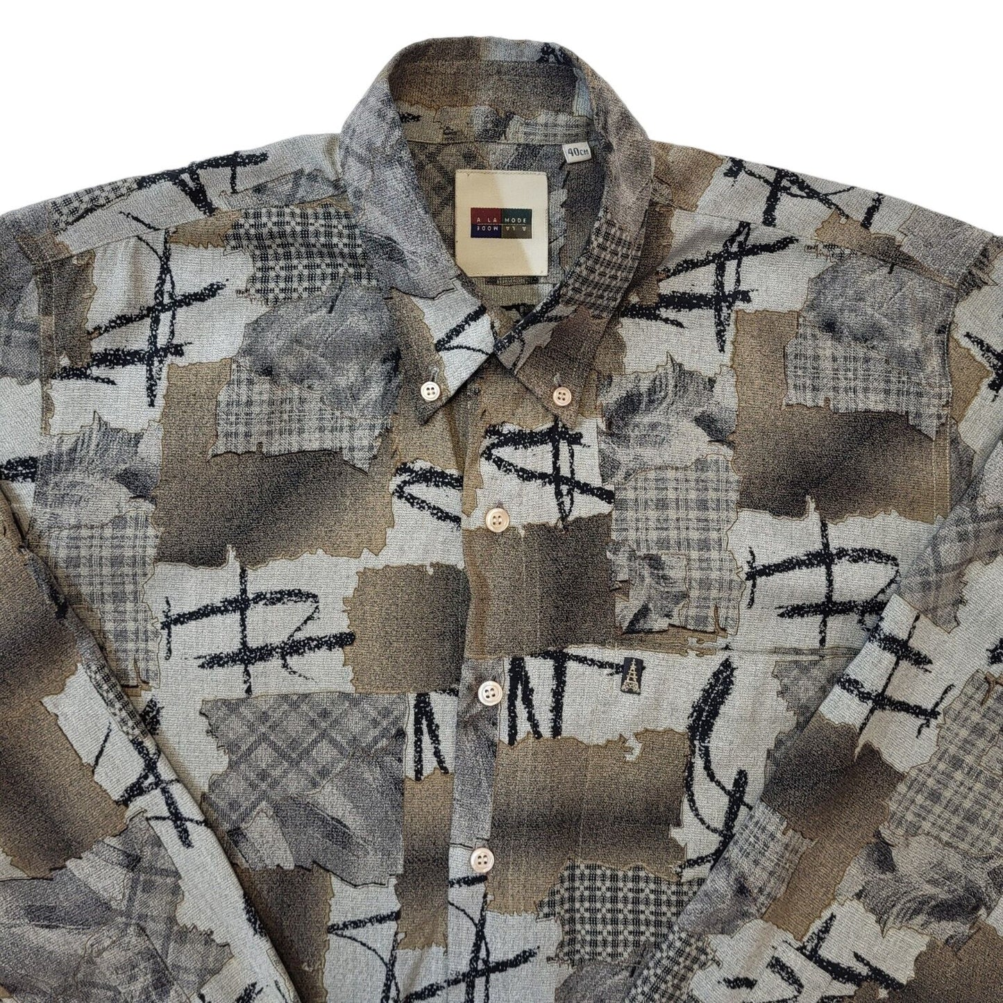 90s Vintage A La Mode Grey Abstract Cotton Shirt Men's Size Medium