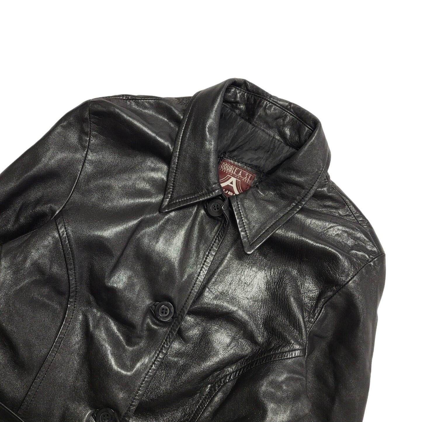 Double A 90s Vintage Black Button & Belted Leather Coat Uk Women's Size 14