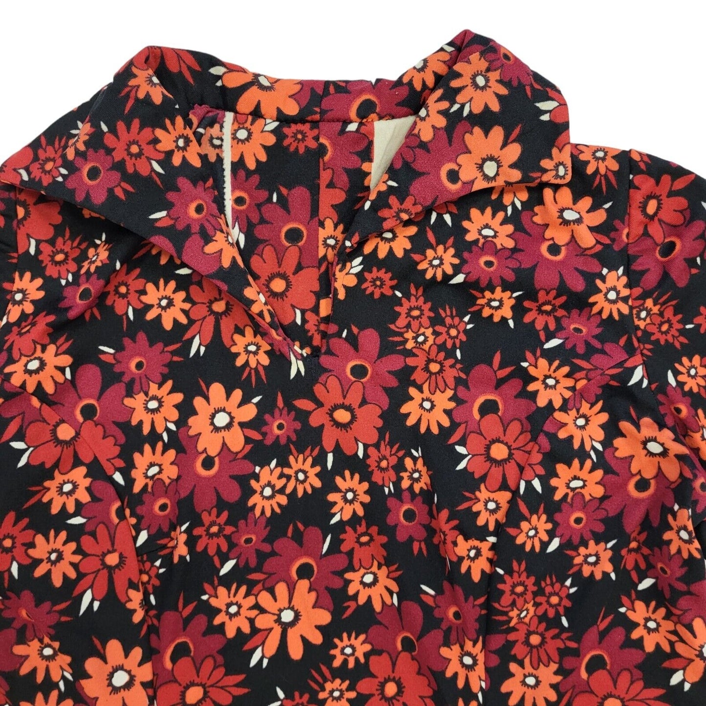 70s Vintage Red Floral Collared Short Sleeved Shift Dress Women's 14
