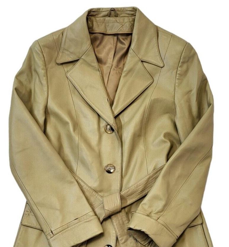 Vintage 90s Belted Beige Button Up Leather Jacket Women's Size M