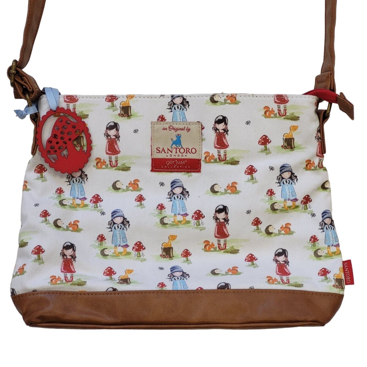 Santoro White Red Blue Fabric Leather Shoulder Bag Uk Women's 12" x 9"