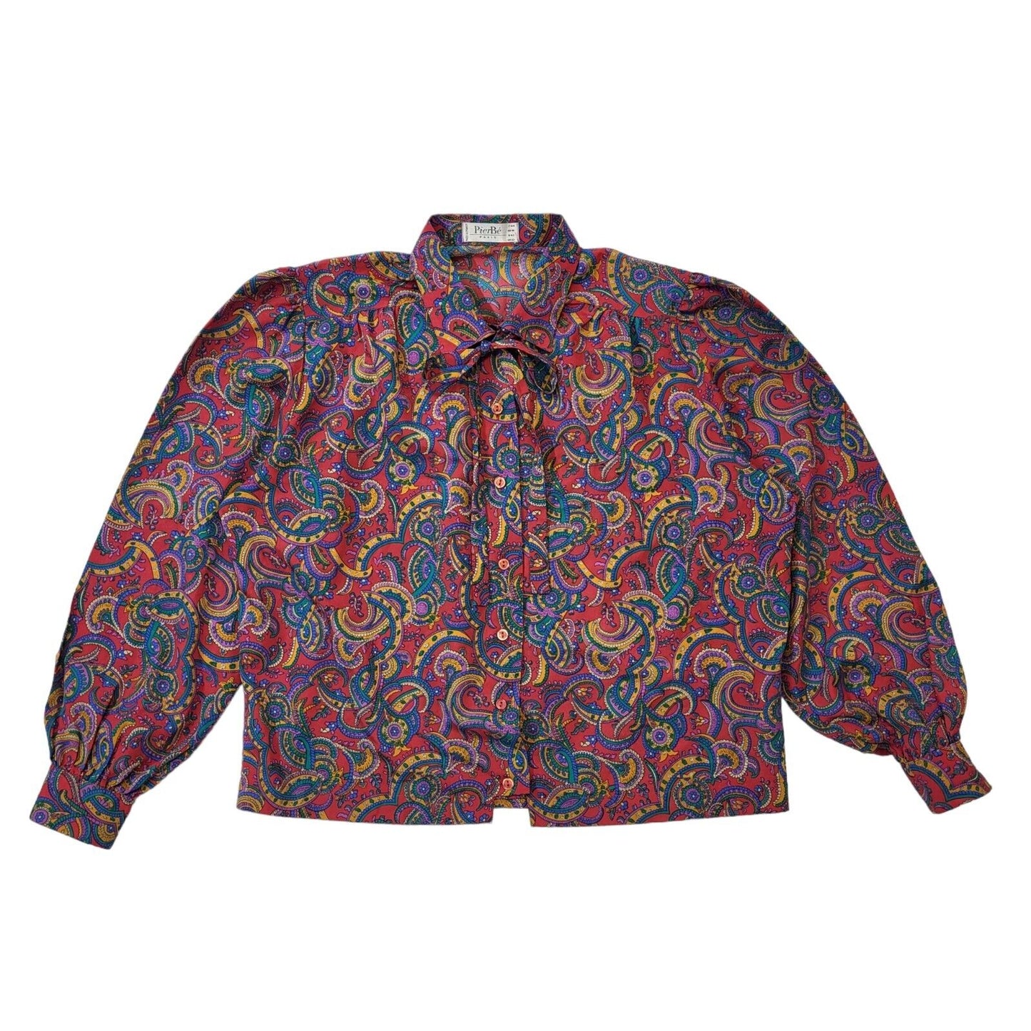 PierBe 90s Vintage Multicoloured Paisley Button Blouse With Neck Tie Women's 16