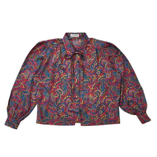 PierBe 90s Vintage Multicoloured Paisley Button Blouse With Neck Tie Women's 16