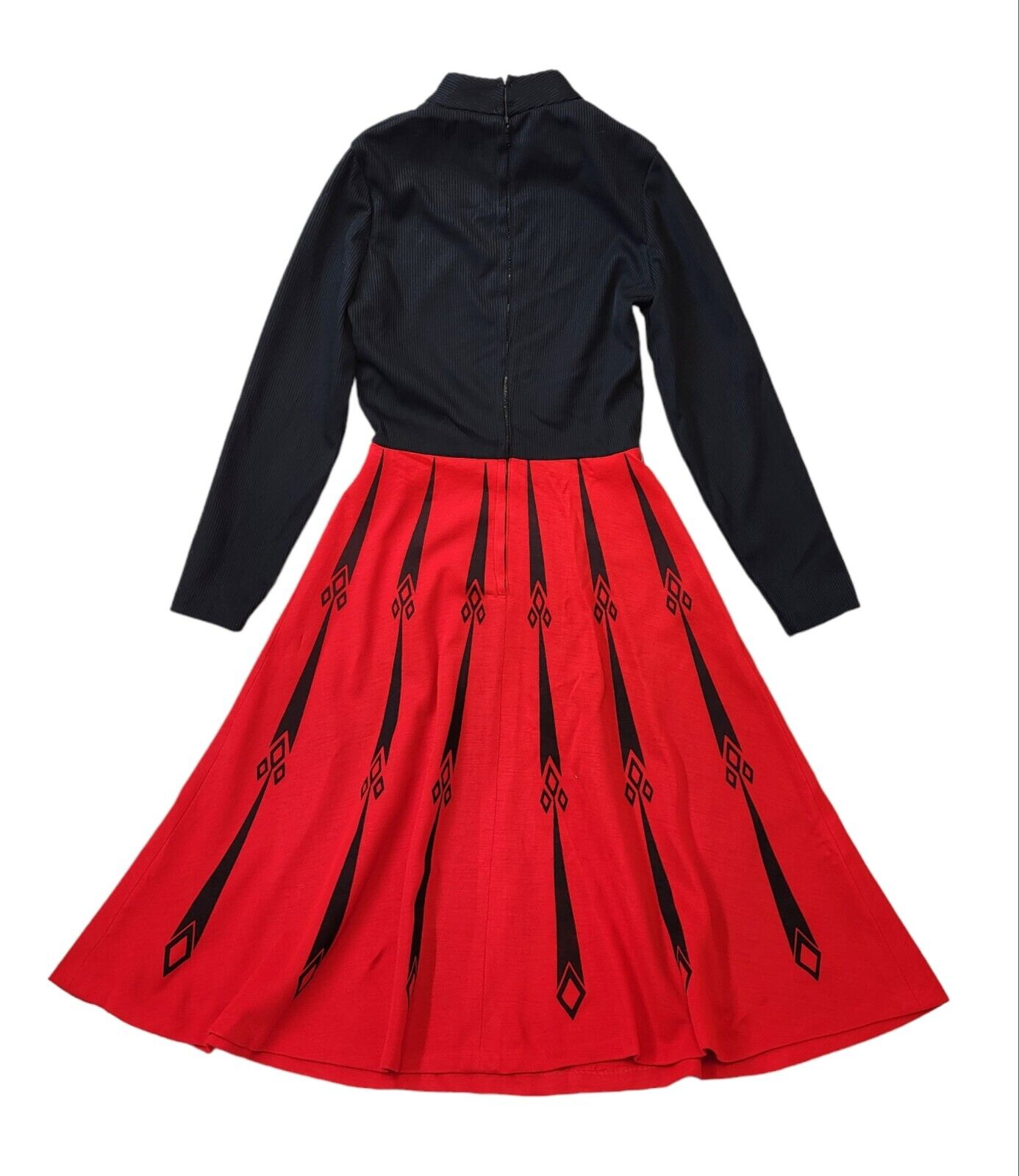 70s Vintage Black & Red Long Sleeve A-Line High Neck Dress Women's Size 8