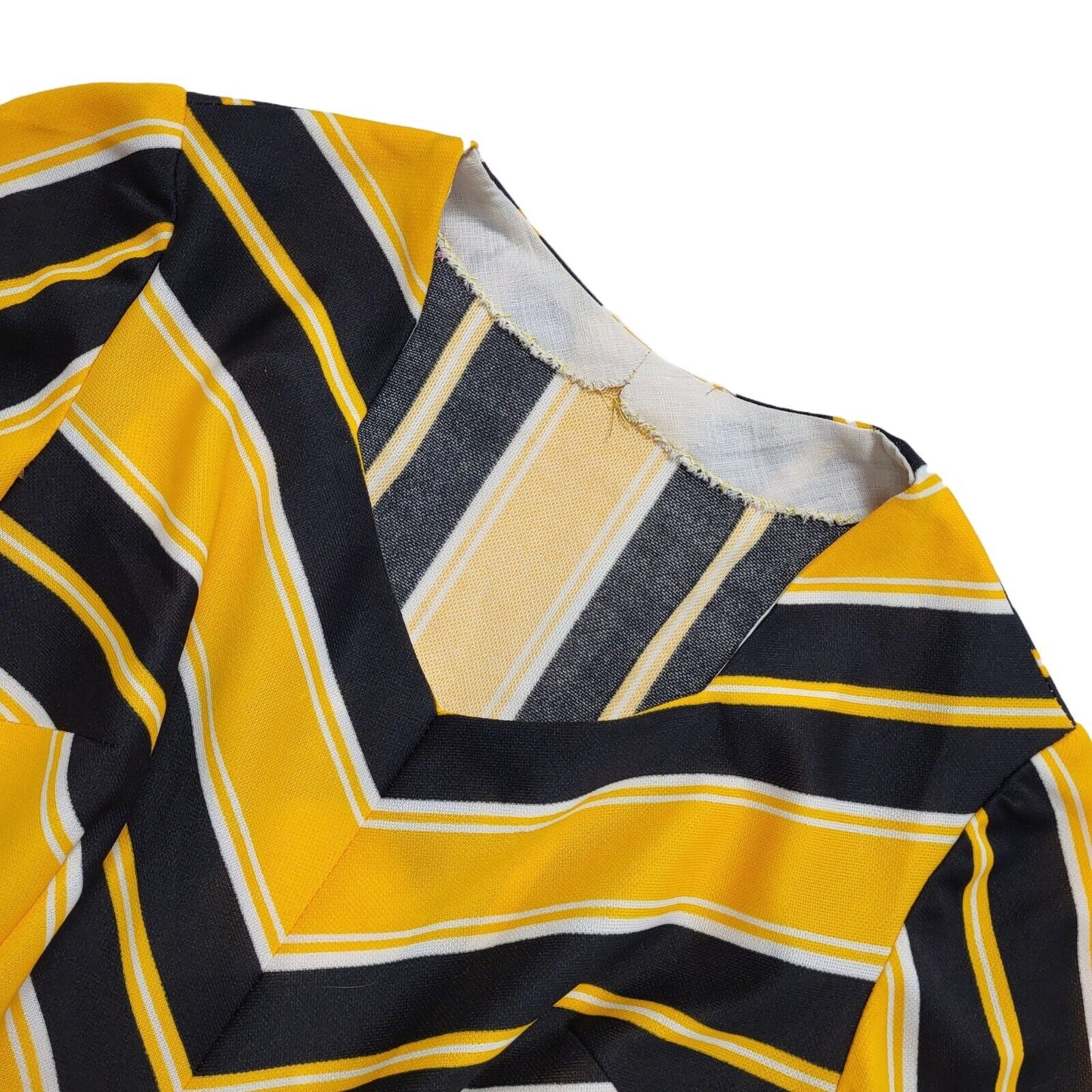 70s Vintage Yellow & Black Striped Midi Daywear Dress Women's 8