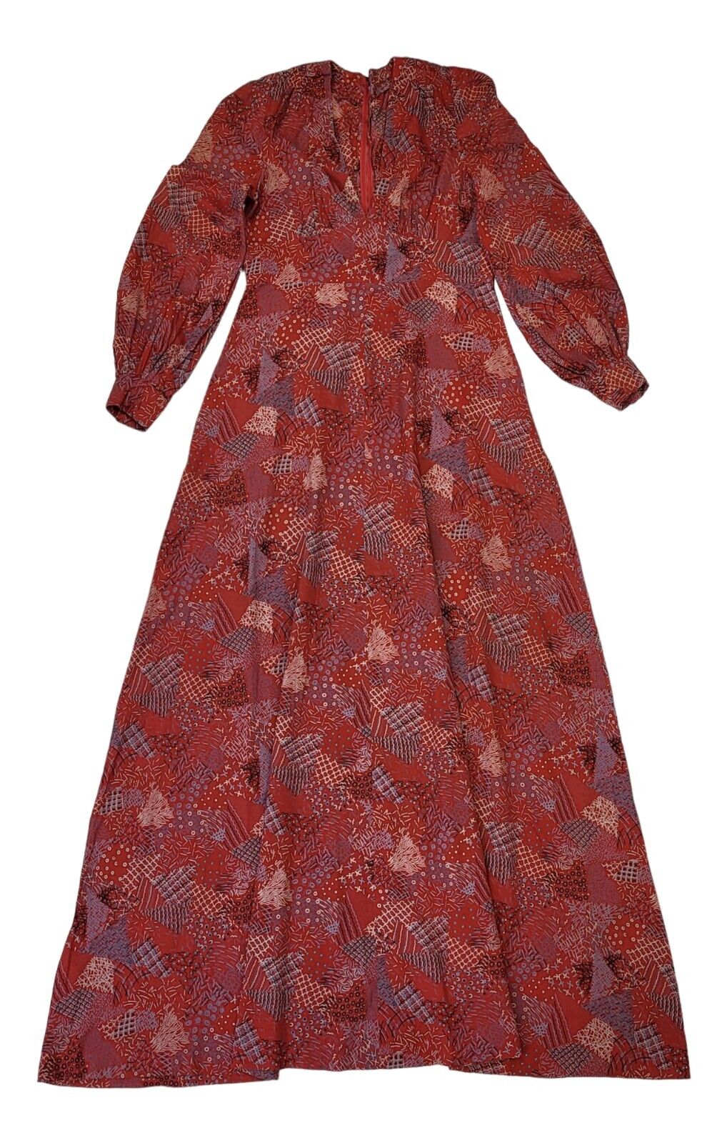 70s Vintage Red Patterned Cuffed Sleeve A-Line Maxi Dress Women's 12