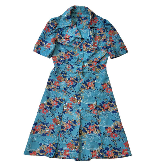 Norma Della 70s Vintage Blue & Red Floral Collared Pleated Dress Women's Size 8