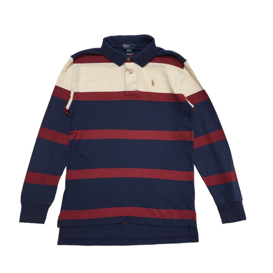 Ralph Lauren Y2K Blue Burgundy Striped Polo Shirt 90s Vintage Boys M Age 10-12