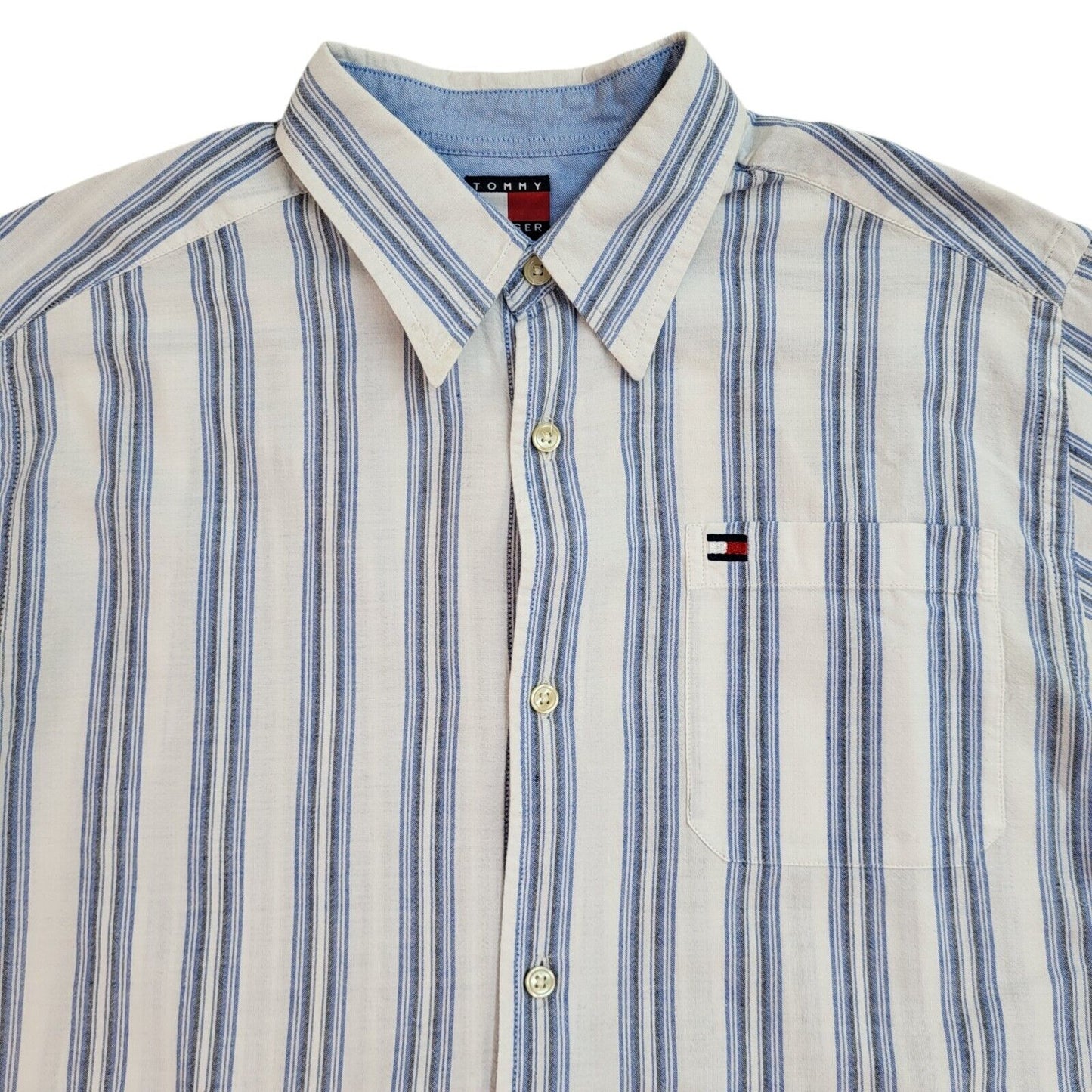 Tommy Hilfiger 90's White & Blue Striped Short Sleeve Shirt Uk Boy's Size L