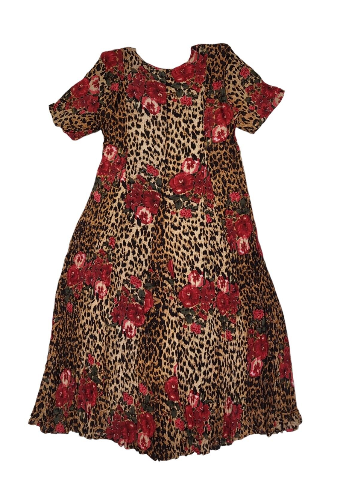 80s Vintage Pretty Pink Brown Leopard Print Fit & Flare Daywear Dress Women's L