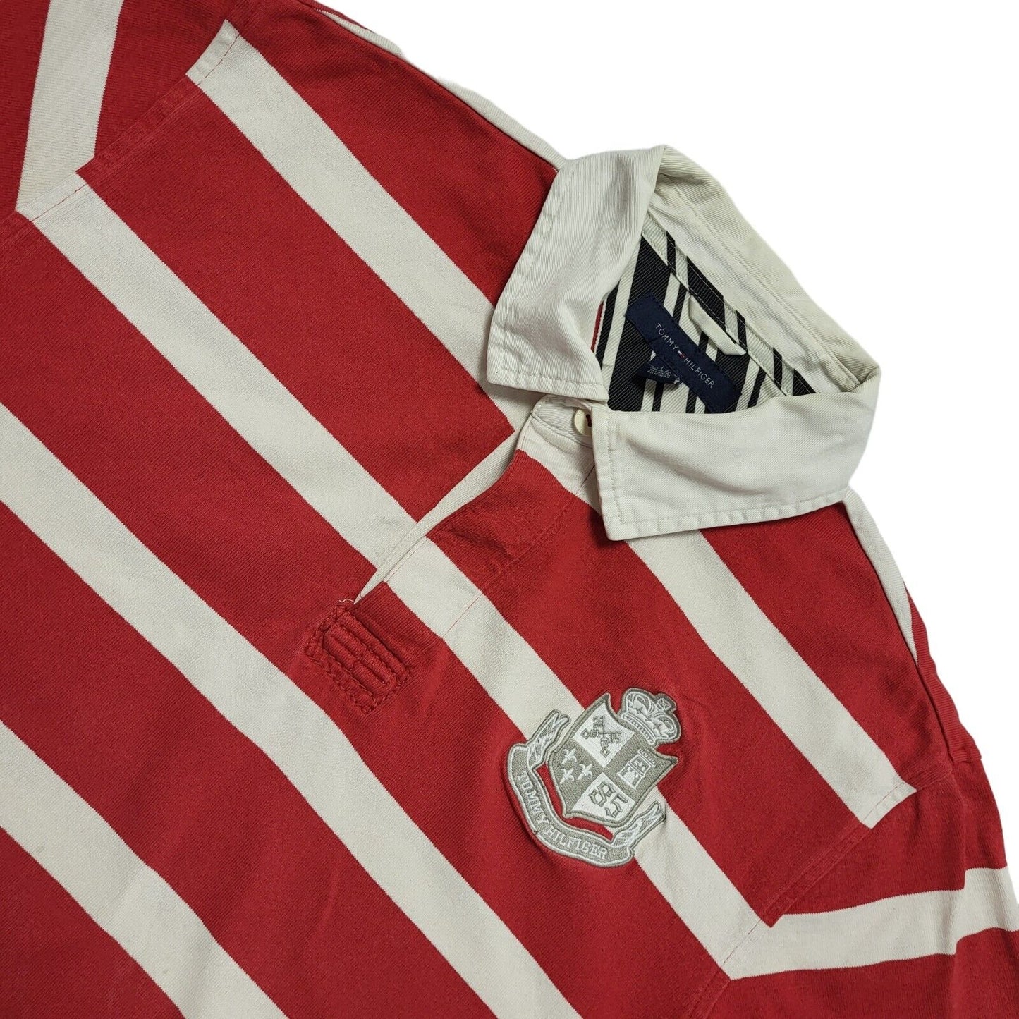 Tommy Hilfiger Y2K Red White Striped Cotton Polo Shirt Mens Size Large