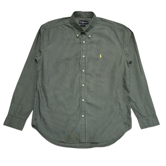 Ralph Lauren 90's Vintage Green Striped Long Sleeve Shirt Mens UK Size XL