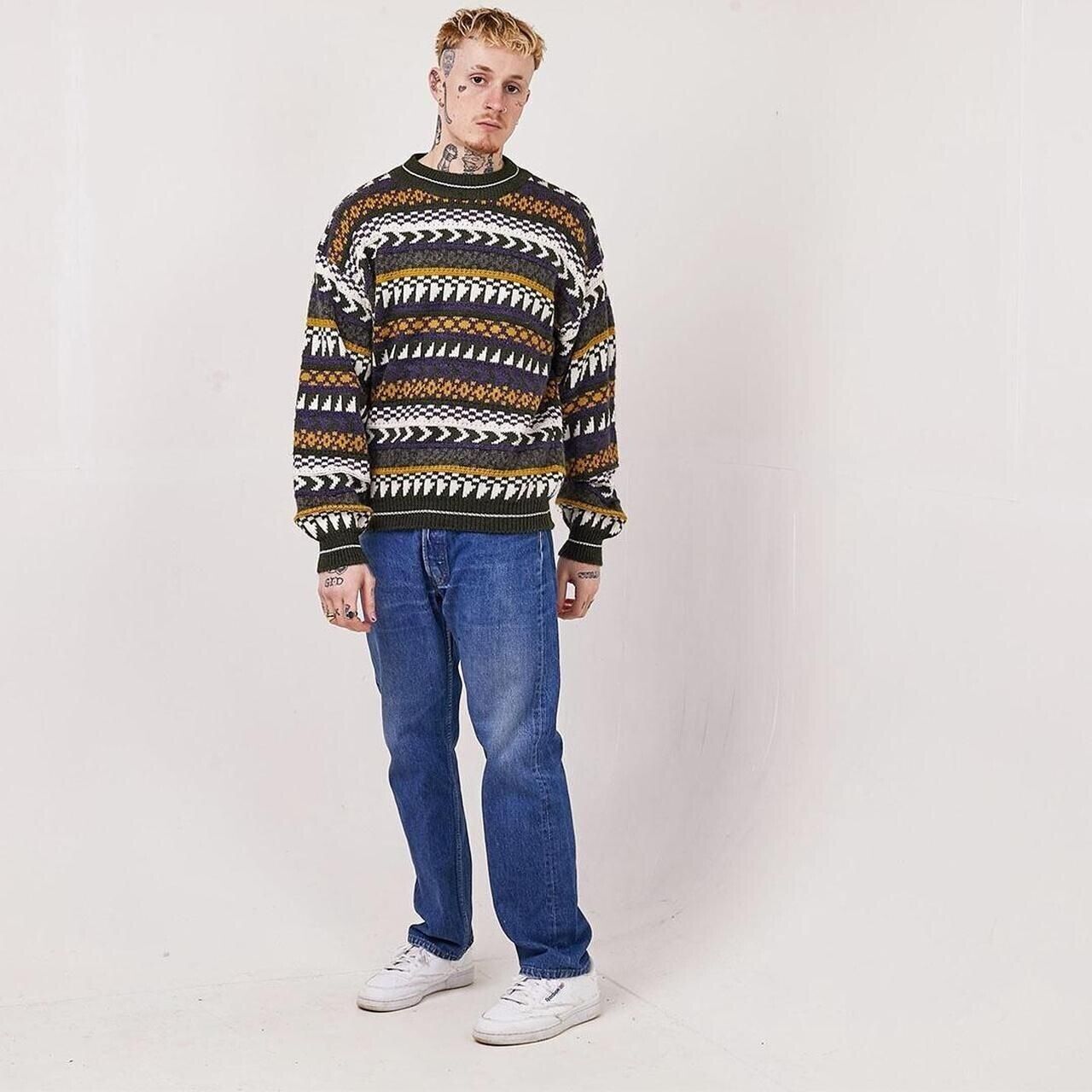 Elliott Bay Green White Vintage 90s Crew Neck Jumper Uk Men's Size M