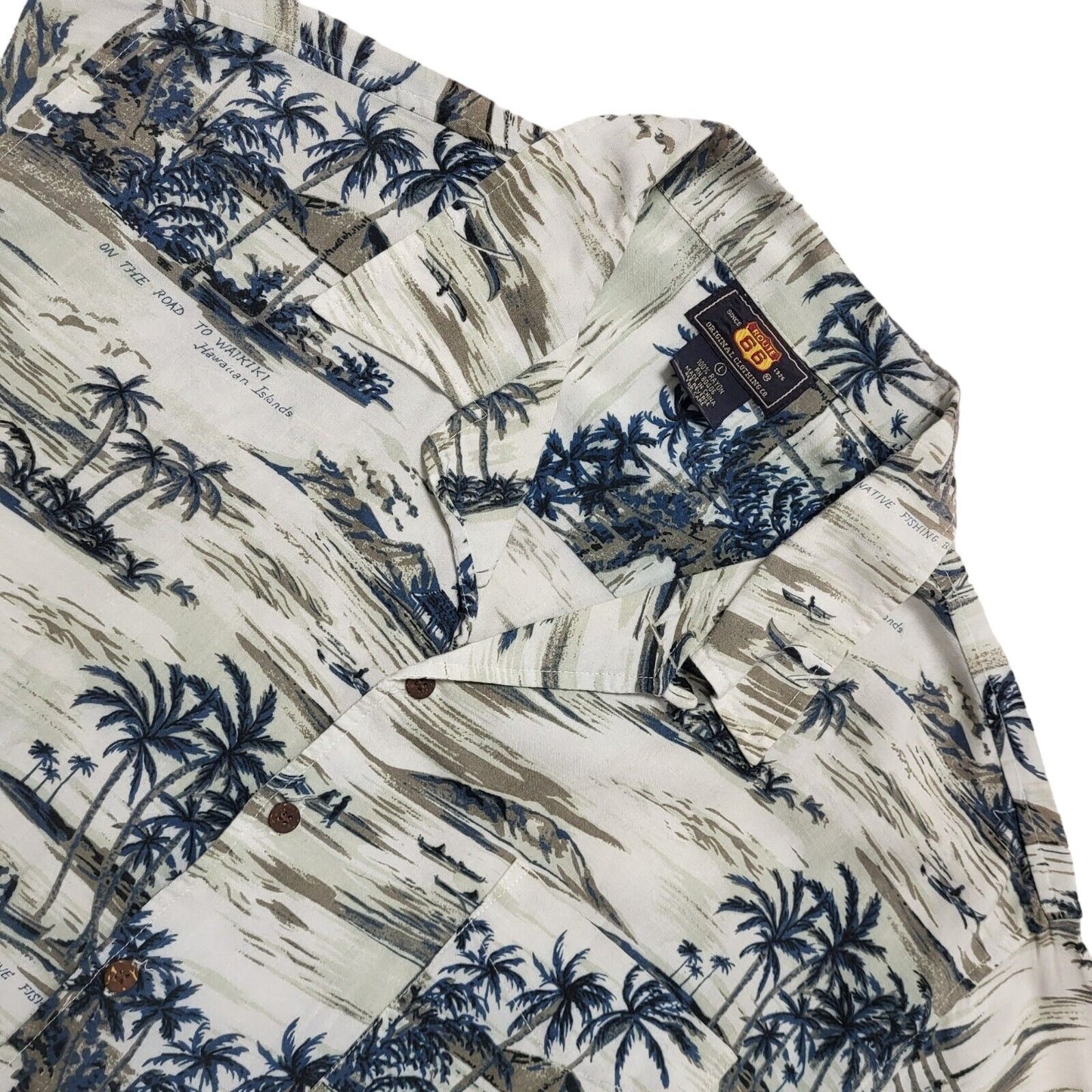 Route 66 Vintage 90's White Blue Palm Trees Short Sleeve Shirt Men's UK L