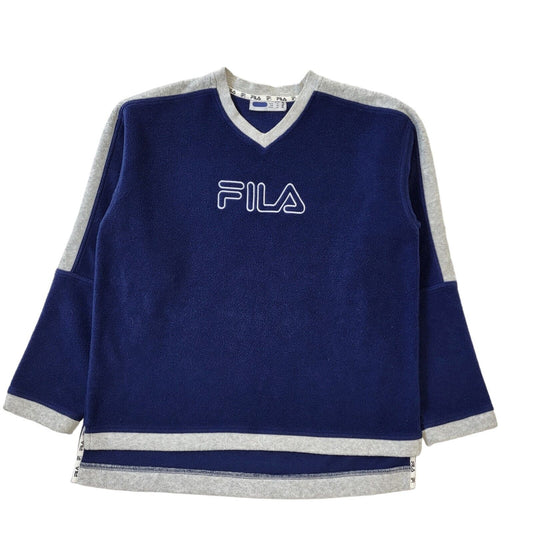 Fila Sweatshirt Vintage Y2K Blue & Grey Long Sleeve V-Neck Fleece XS