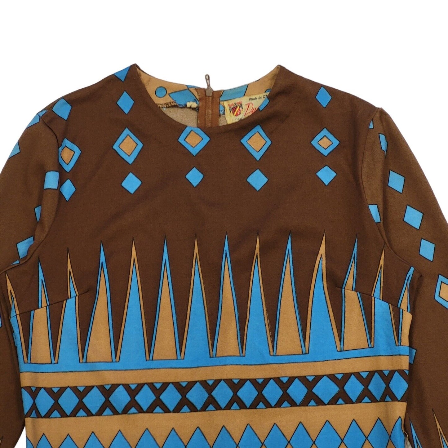 Ducale 60s Vintage Brown Blue Long Sleeve Geometric Shift Dress Women's Size 10