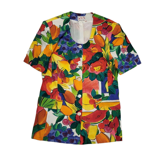 Happy Vintage 80s Short Sleeve Button Up Floral Multicolored Blouse Womens UK 14