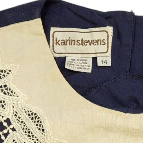 80s Vintage Karin Stevens Navy Lace Trim Dress Women's Size M
