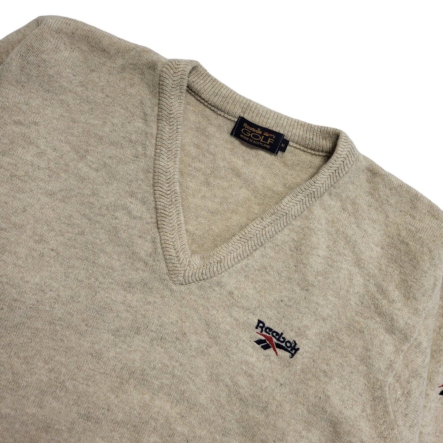 Reebok Golf 90s Vintage Cream V-Neck Long Sleeve Jumper Mens UK Medium