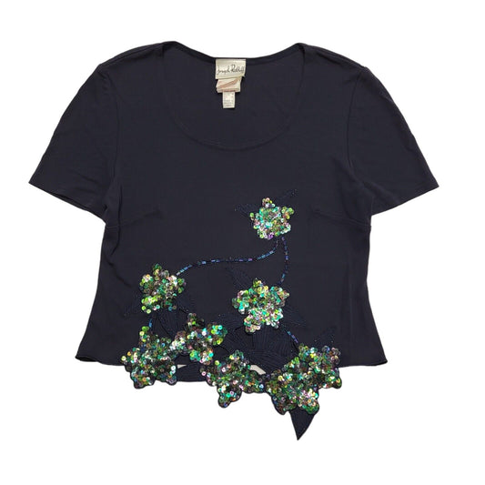 Joseph Ribbhoff Vintage 90's Blue Floral Sequin Short Sleeve Top Womens UK 14