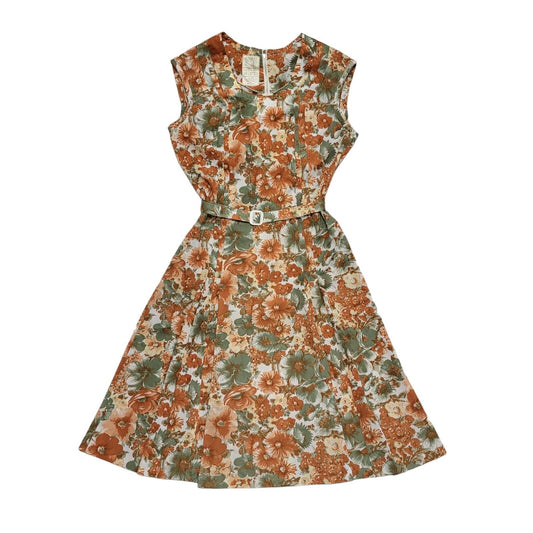 Modern Style Vintage 60s Orange Green Fit & Flare Dress Uk Women's Size 12