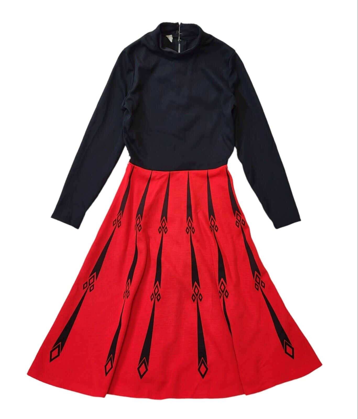 70s Vintage Black & Red Long Sleeve A-Line High Neck Dress Women's Size 8