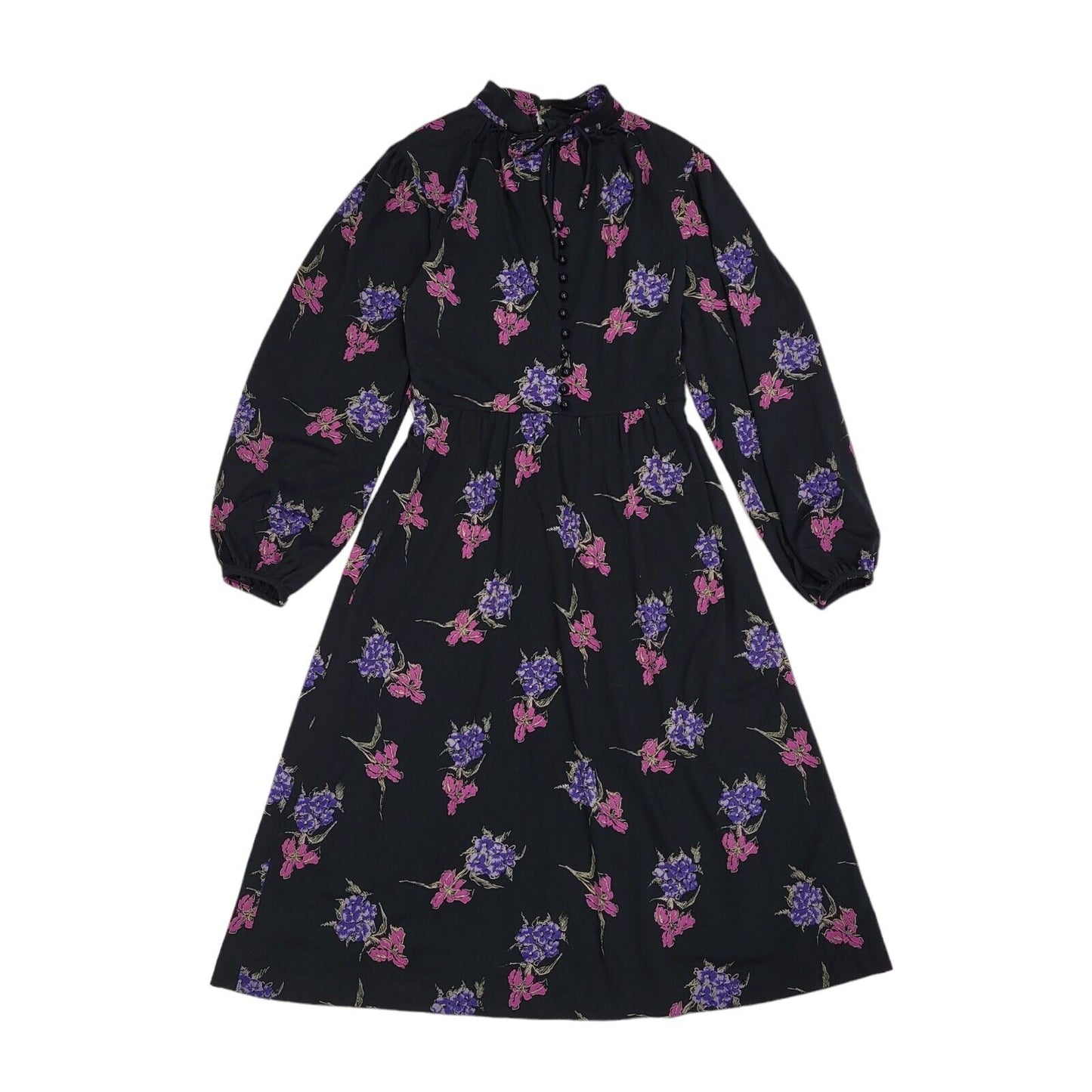 70s Vintage Black & Pink Floral Tied Neck Midi Dress Women's 10