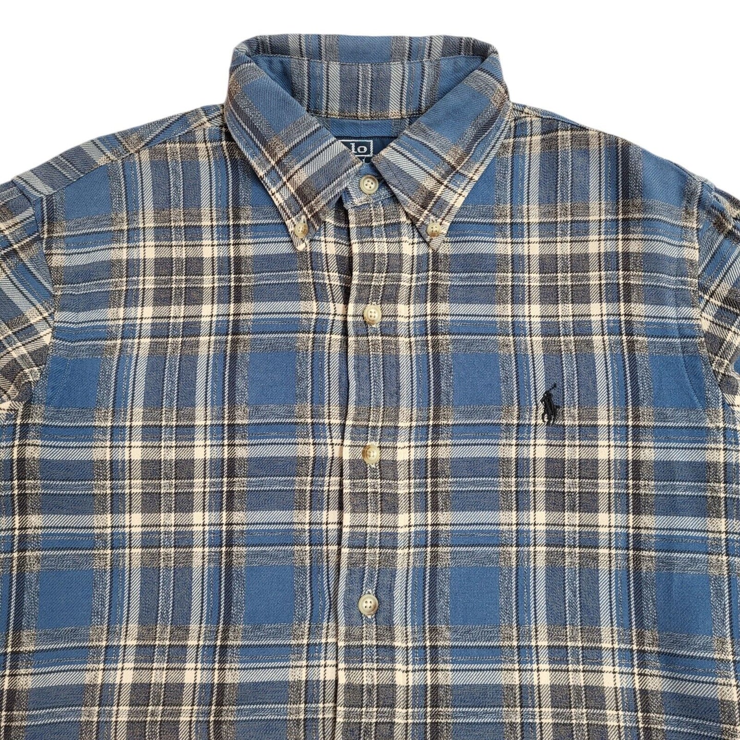 Ralph Lauren 90s Blue & Grey Check Long Sleeve Flannel Shirt Uk Men's Size S