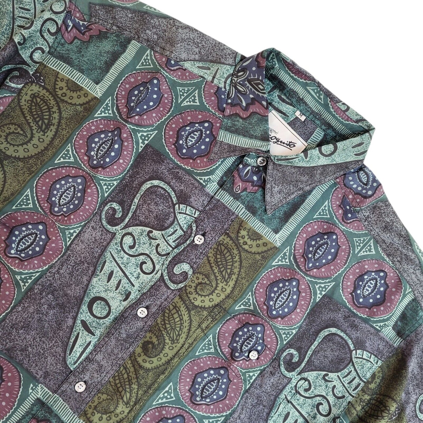 Incognito 90's Purple & Green Abstract Silk Short Sleeve Shirt Uk Men's Size M
