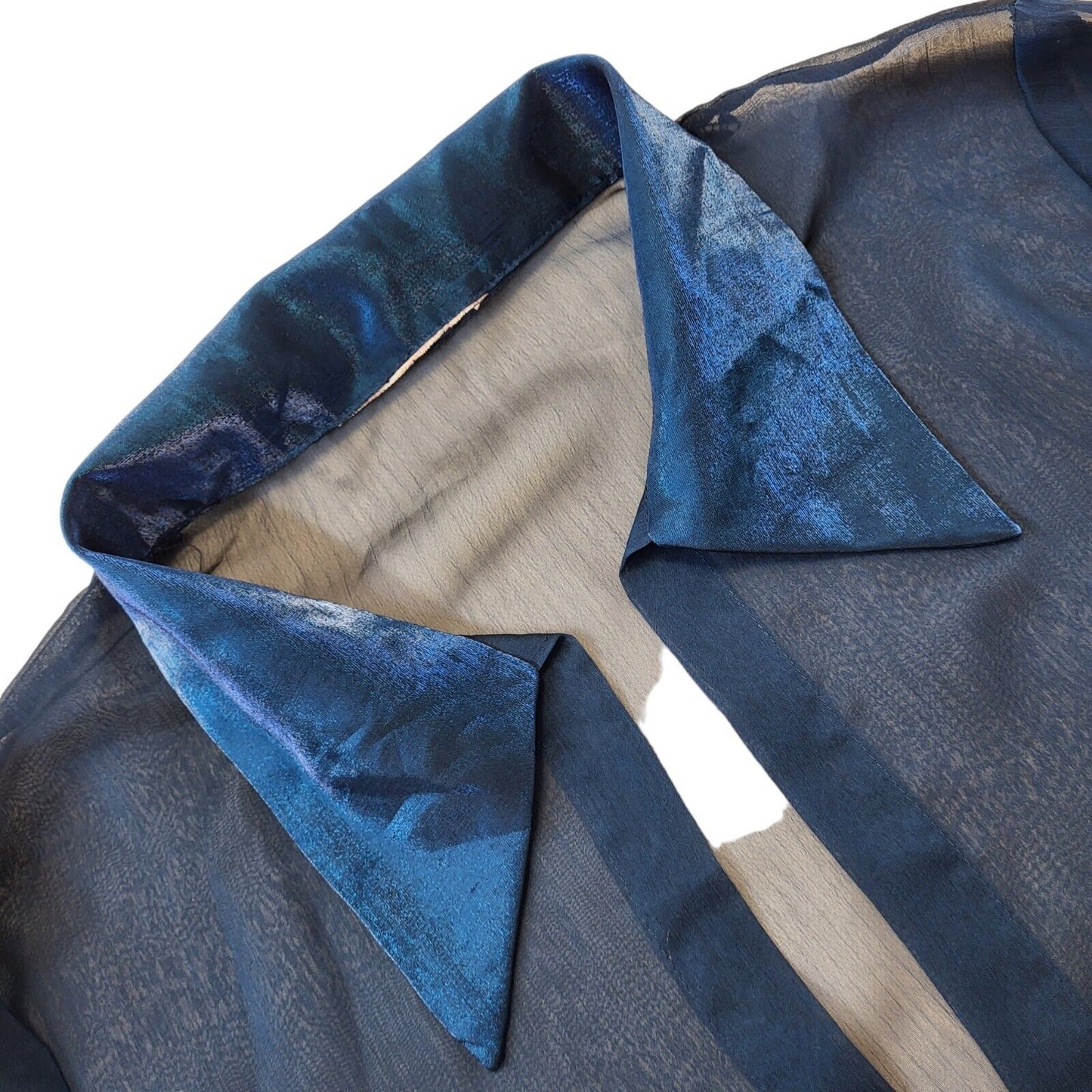 90s Vintage Blue Sheer Open Front Long Sleeve Blouse Women's 16