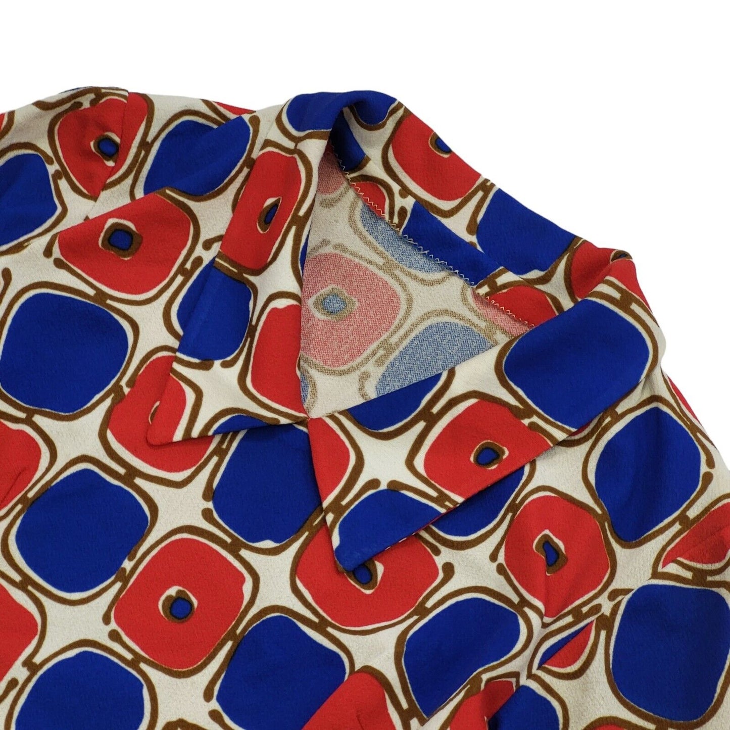 70s Vintage Red & Blue Geometric Long Sleeve Shift Dress Women's Size 14