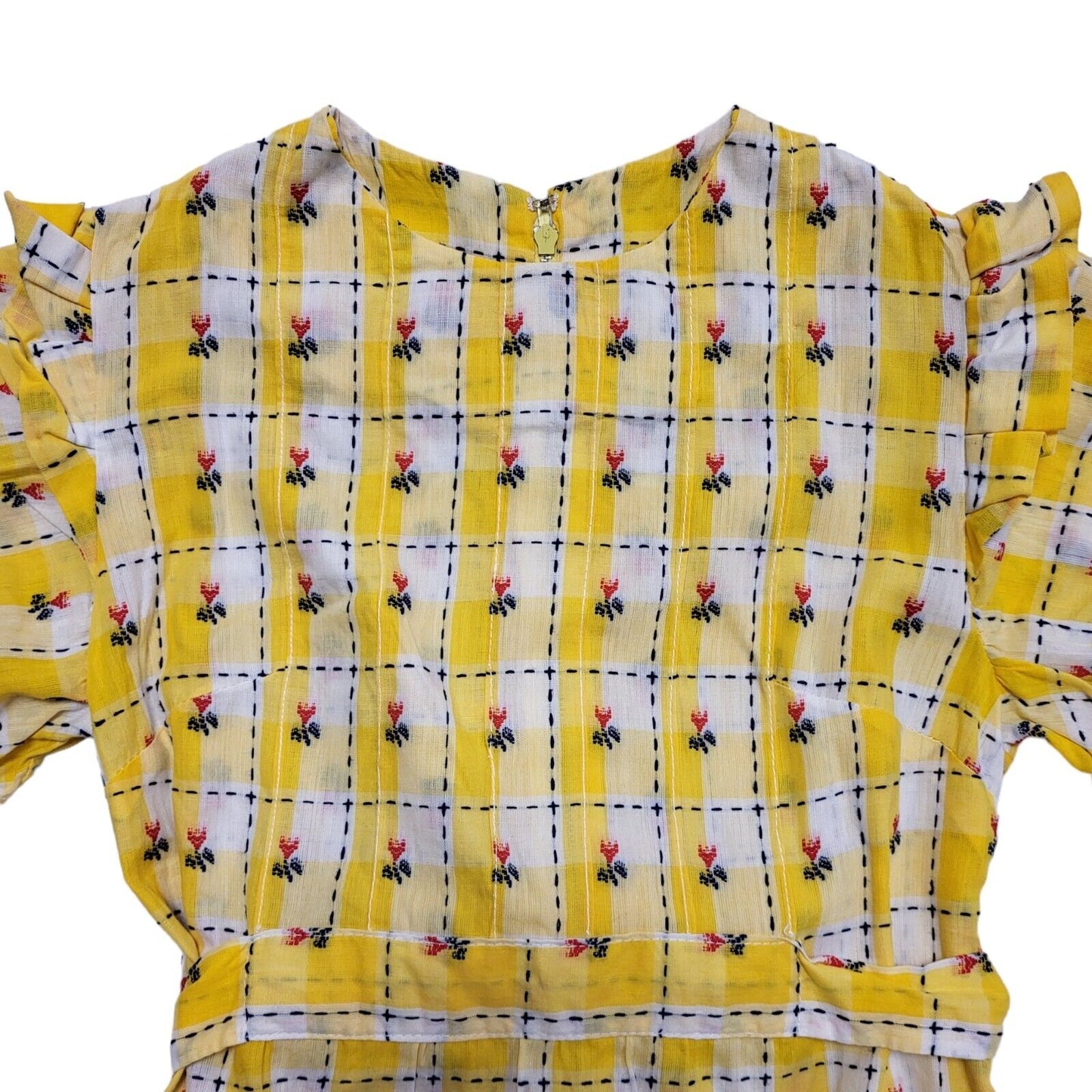 70s Vintage Yellow White Check Fit & Flare Daywear Dress Women's Size 2-4