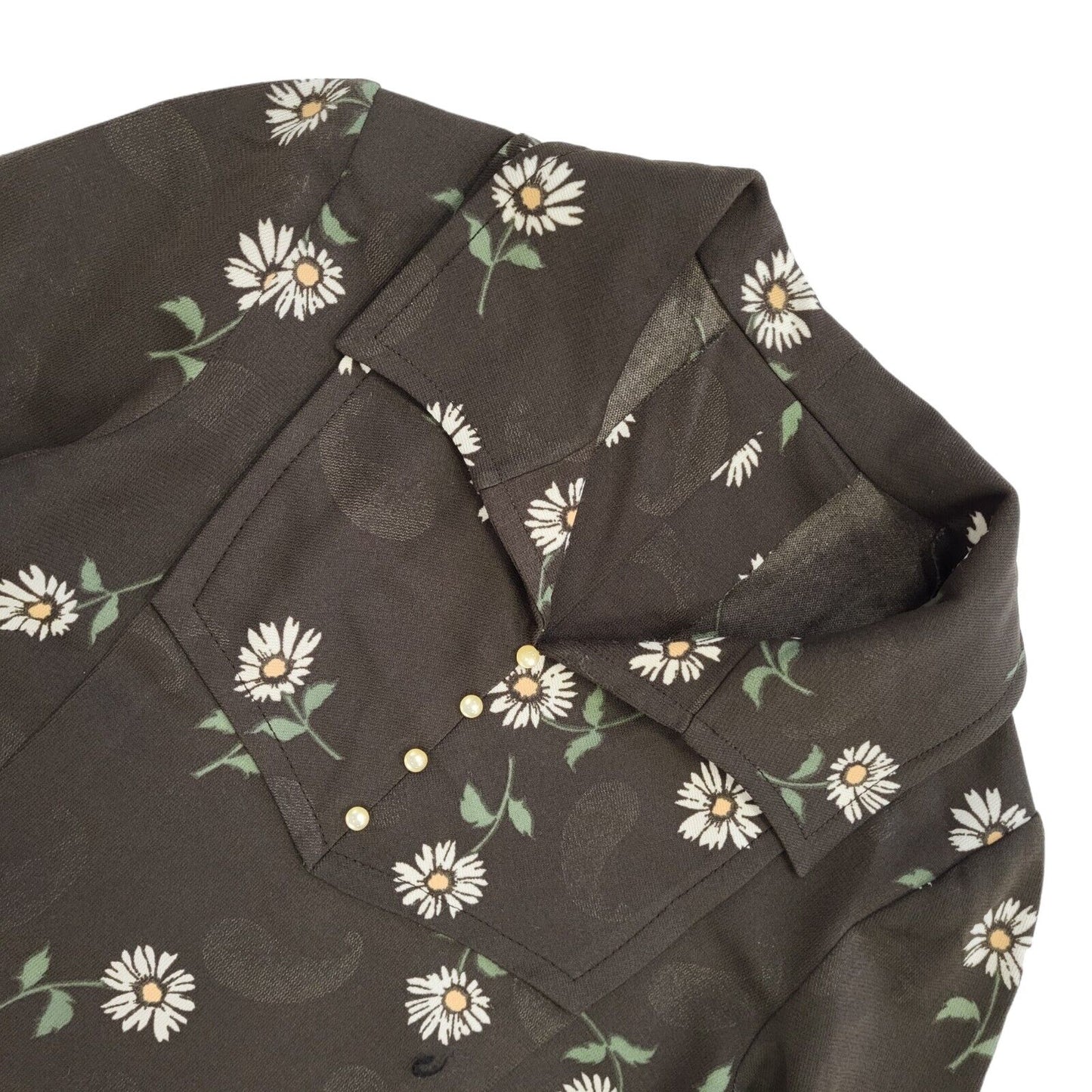 70s Vintage Brown & White Daisy Collared Shift Dress Women's 8