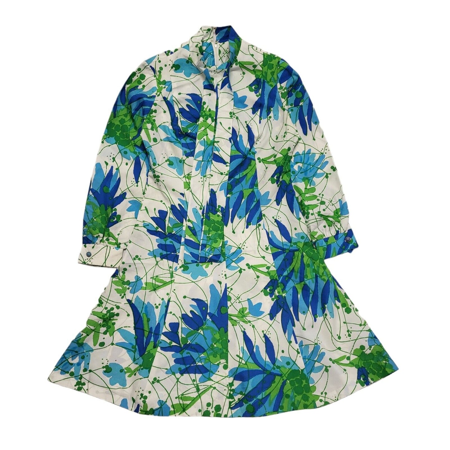 70s Vintage Blue White Green Neck Bow Long Sleeve Fit & Flare Dress Women's 12