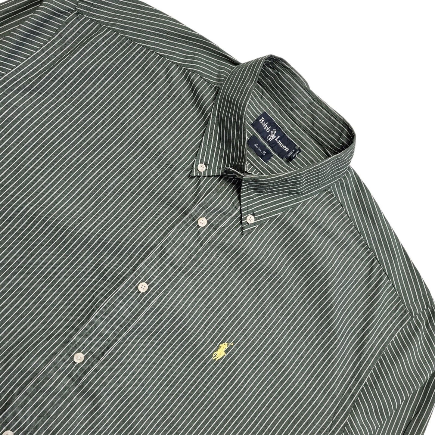Ralph Lauren 90's Vintage Green Striped Long Sleeve Shirt Mens UK Size XL