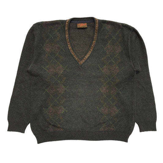 Miracle Vintage 80s Brown Geometric V-Neck Jumper Men's UK XL