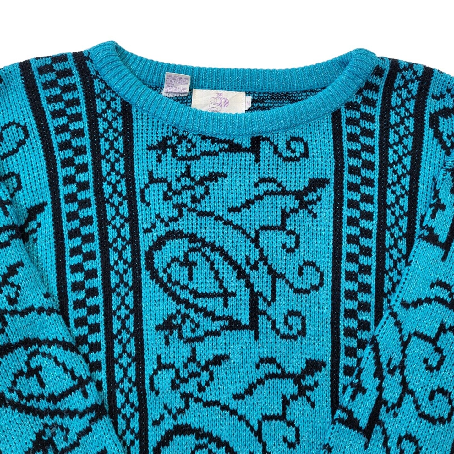 GB 80s Vintage Blue & Black Sparkle Retro Round Neck Jumper Women's Medium.