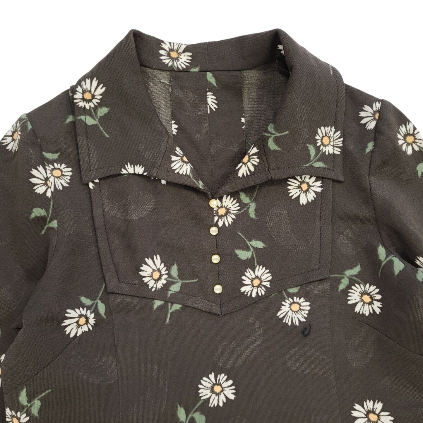 70s Vintage Brown & White Daisy Collared Shift Dress Women's 8