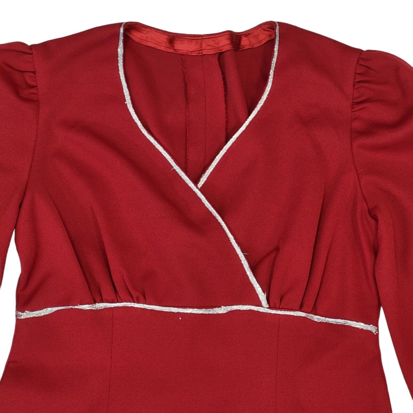 70s Vintage Red Silver Trim Long Sleeve Maxi Dress Women's Size 12