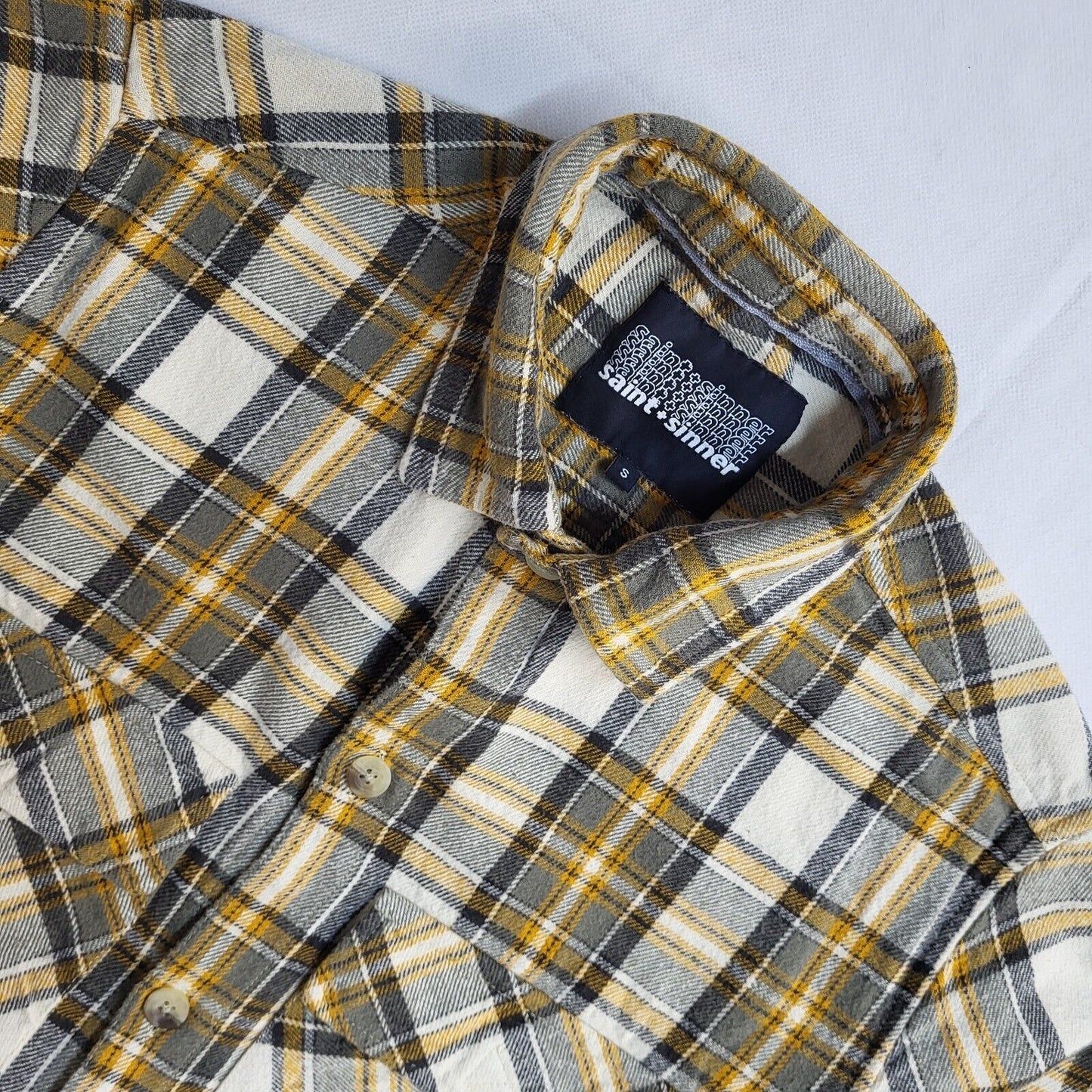Saint & sinner Vintage Yellow & Green Checked Long Sleeve Shirt UK Men's Size  S