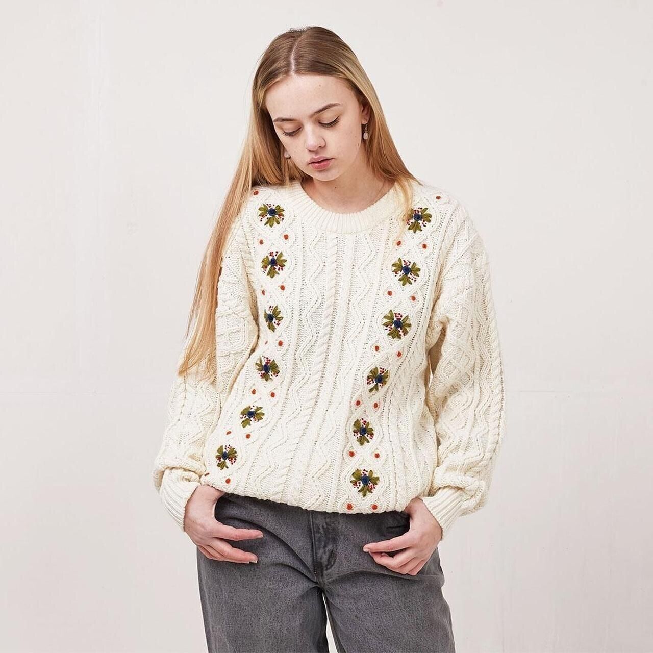 Avant Garde Vintage 90's Cream Green Floral Knitted Jumper Uk Women's UK 14-16