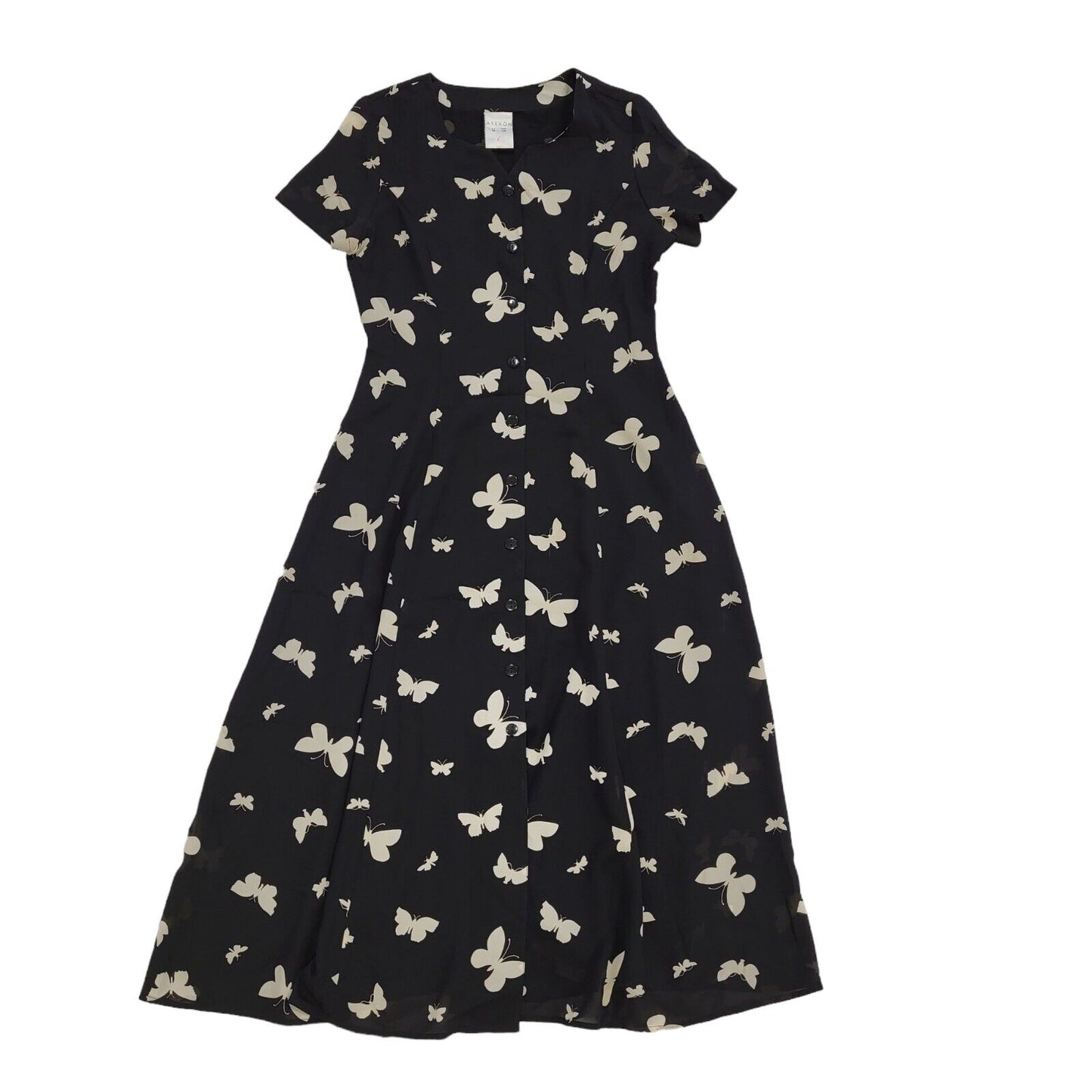 90s Vintage Alexon Black Butterflies Buttoned Daywear Dress Women's Size 12