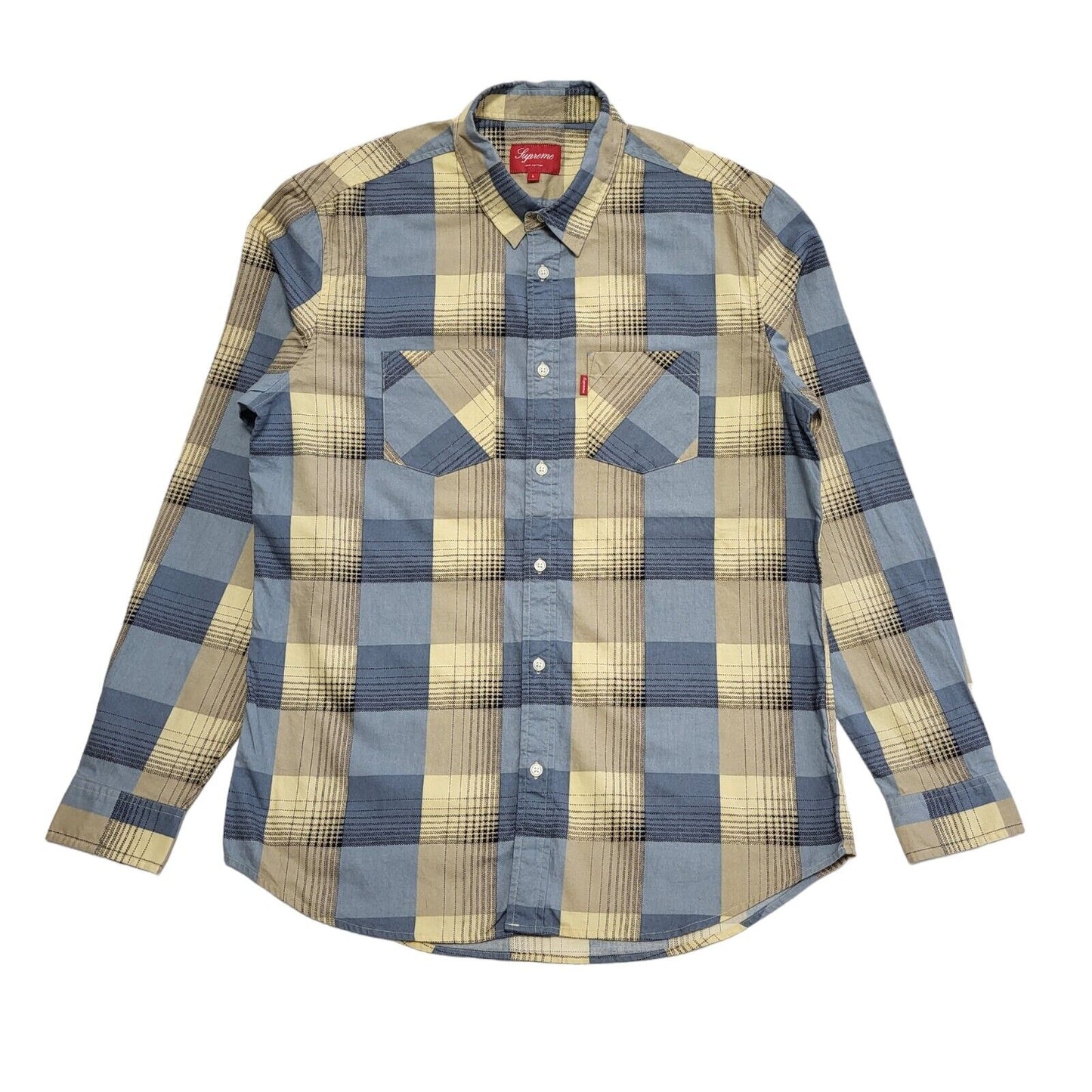 Supreme Y2K Vintage Blue & Beige Checked Long Sleeve Shirt Mens UK Size L