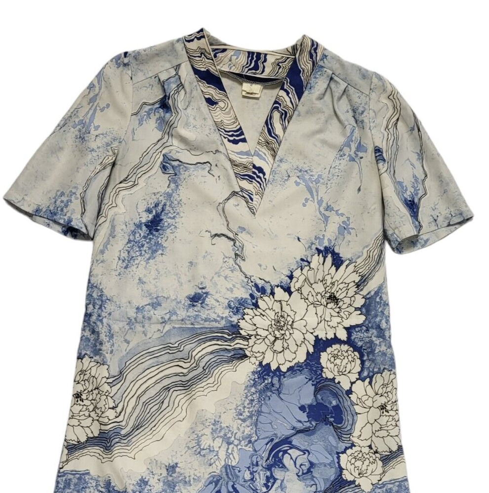 70s Vintage White & Blue Floral & Marble V-Neck Shift Dress Women's 12